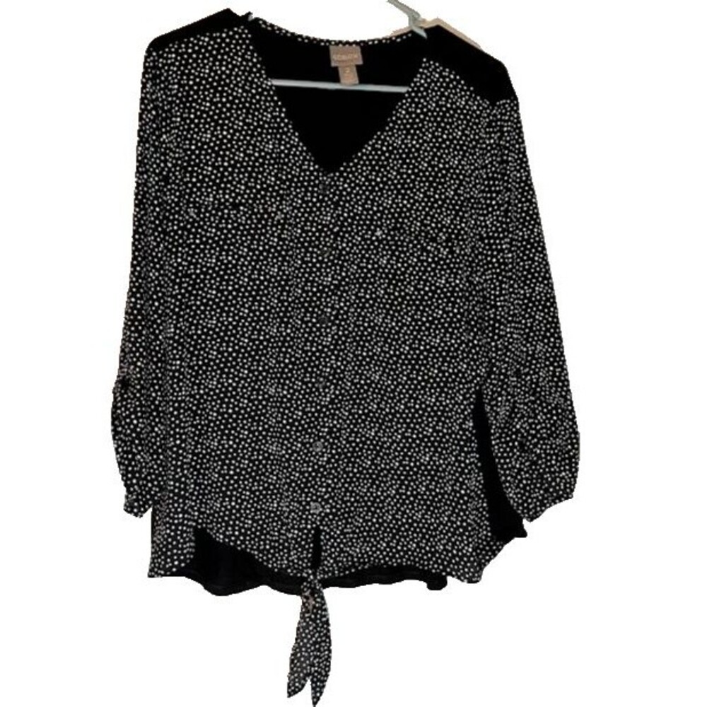 Chico's Blouse M Black White Polka Dots Hi-Lo Front Tie Business Casual